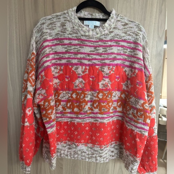 Bunulu XL Soft Mixed Media Electric Floral Stripped Boho Balloon Sleeves Sweater - Picture 2 of 8